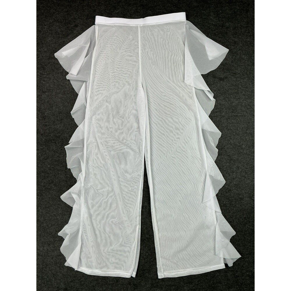 Womens White Mesh Pants Side Ruffle Fringe sz M Rave Disco Grunge Steam Punk Emo